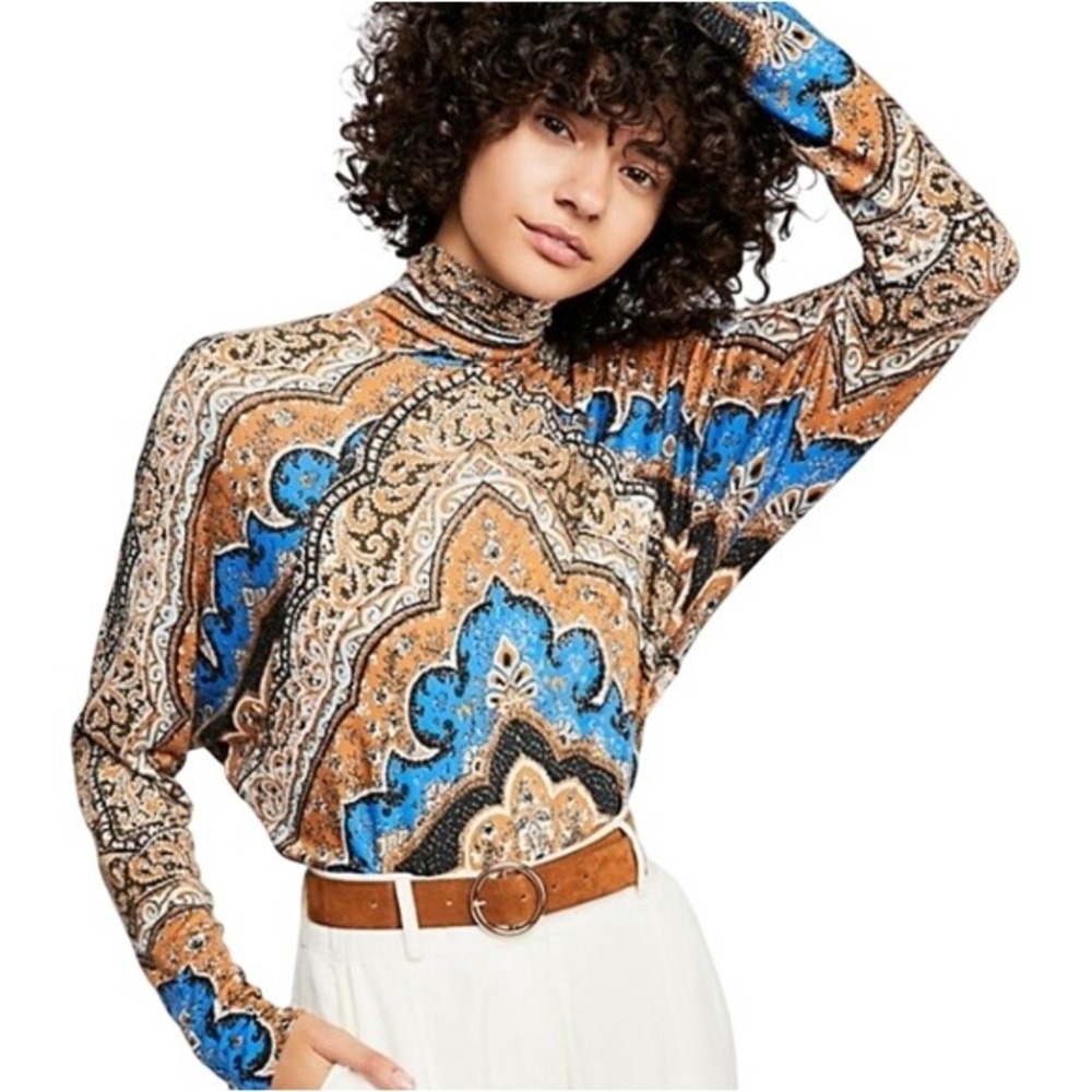 Free People Paisley Mock Neck Top XL Blue Mustard Long Sleeve Stretch Boho